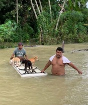 رجلان يحملان طاولة عليها أربعة كلاب ويسيران وسط مياه الفيضانات في أعقاب العاصفة الاستوائية إيتا في ماكوسبانا ، تاباسكو، المكسيك.  رويترز