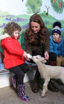 كاثرين، دوقة كامبريدج البريطانية تساعد طفلة في إطعام حمل أثناء زيارتها لمزرعة ارك المفتوحة في نيوتاوناردز ، أيرلندا الشمالية.   (رويترز)
