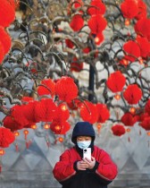 امرأة تلتقط صورة بجوار شجرة مزينة بفوانيس ورقية عند مدخل حديقة خلال احتفال الصين بالعام القمري الصيني الجديد في بكين «ا ف ب»