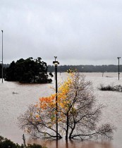 منظر عام يظهر موقع مخيم غمرته المياه على طول نهر هاوكيسبيري بسبب الأمطار الغزيرة في ضاحية وندسور في سيدني -ا ف ب