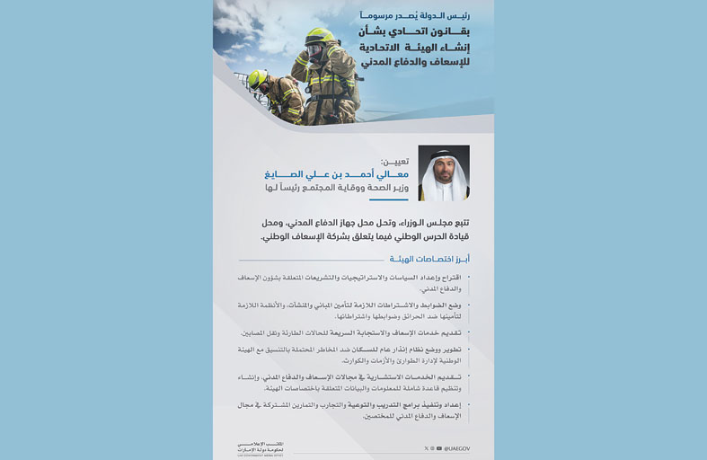 رئيس الدولة يصدر مرسوماً بإنشاء الهيئة الاتحادية للإسعاف والدفاع المدني وتعيين أحمد الصايغ رئيساً لها 