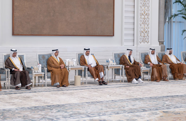منصور بن زايد وعبد الله بن زايد يقدمان واجب العزاء إلى أمير قطر في وفاة الشيخ حمد بن خليفة آل ثاني 