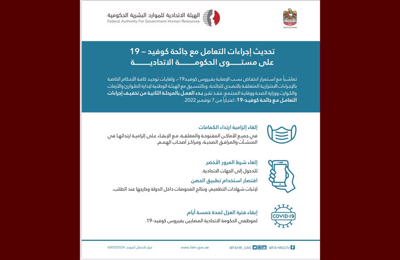 الاتحادية للموارد البشرية تحدث الإجراءات الاحترازية ضد جائحة كوفيد- 19 في الحكومة الاتحادية