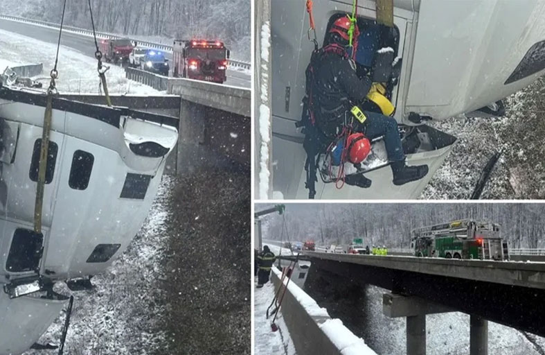 إنقاذ سائق تدلت شاحنته فوق جسر 