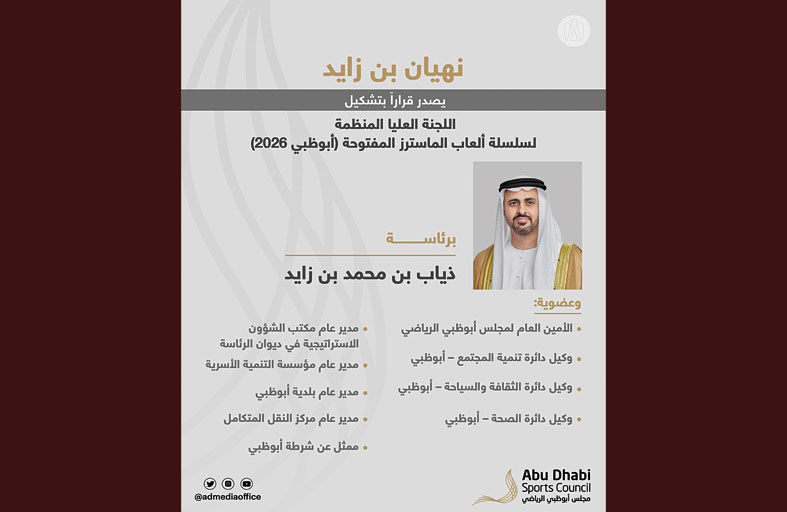 نهيان بن زايد يصدر قراراً بتشكيل اللجنة العليا المنظمة لسلسلة ألعاب الماسترز المفتوحة أبوظبي 2026 برئاسة ذياب بن محمد