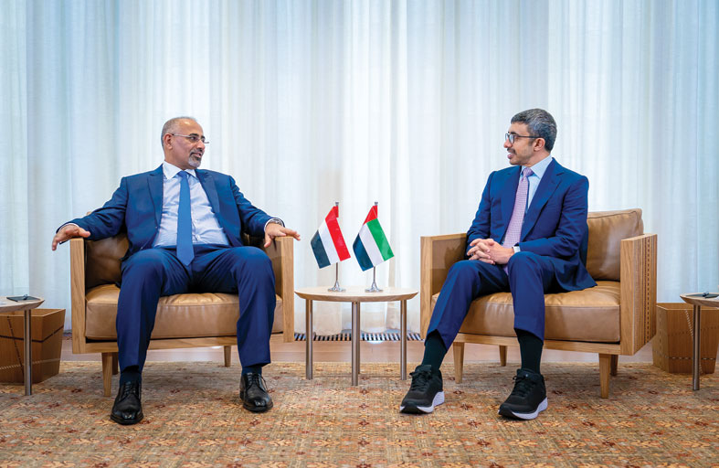 عبدالله بن زايد يلتقي نائب رئيس مجلس القيادة الرئاسي اليمني في نيويورك