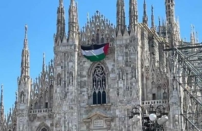 علم فلسطين يرفرف على كاتدرائية ميلانو الشهيرة