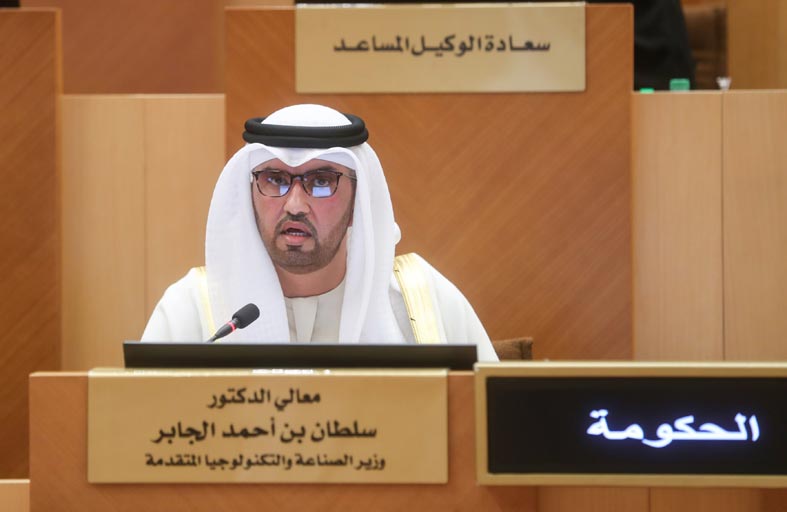 سلطان الجابر خلال جلسة الوطني الاتحادي : قفزة تاريخية في صادرات الإمارات الصناعية بـ120مليار درهم 