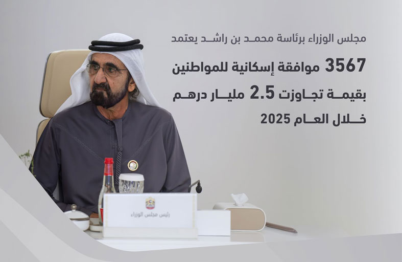 مجلس الوزراء برئاسة محمد بن راشد يعتمد 3567 موافقة إسكانية للمواطنين بقيمة تجاوزت 2.5 مليار درهم خلال العام 2025