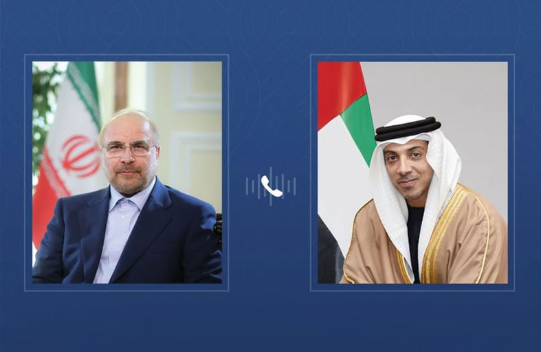 منصور بن زايد يبحث خلال اتصال هاتفي مع رئيس مجلس الشورى الإيراني سبل خفض التصعيد في المنطقة